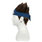 Side view showing tufts of hair styled around the blue forehead protector