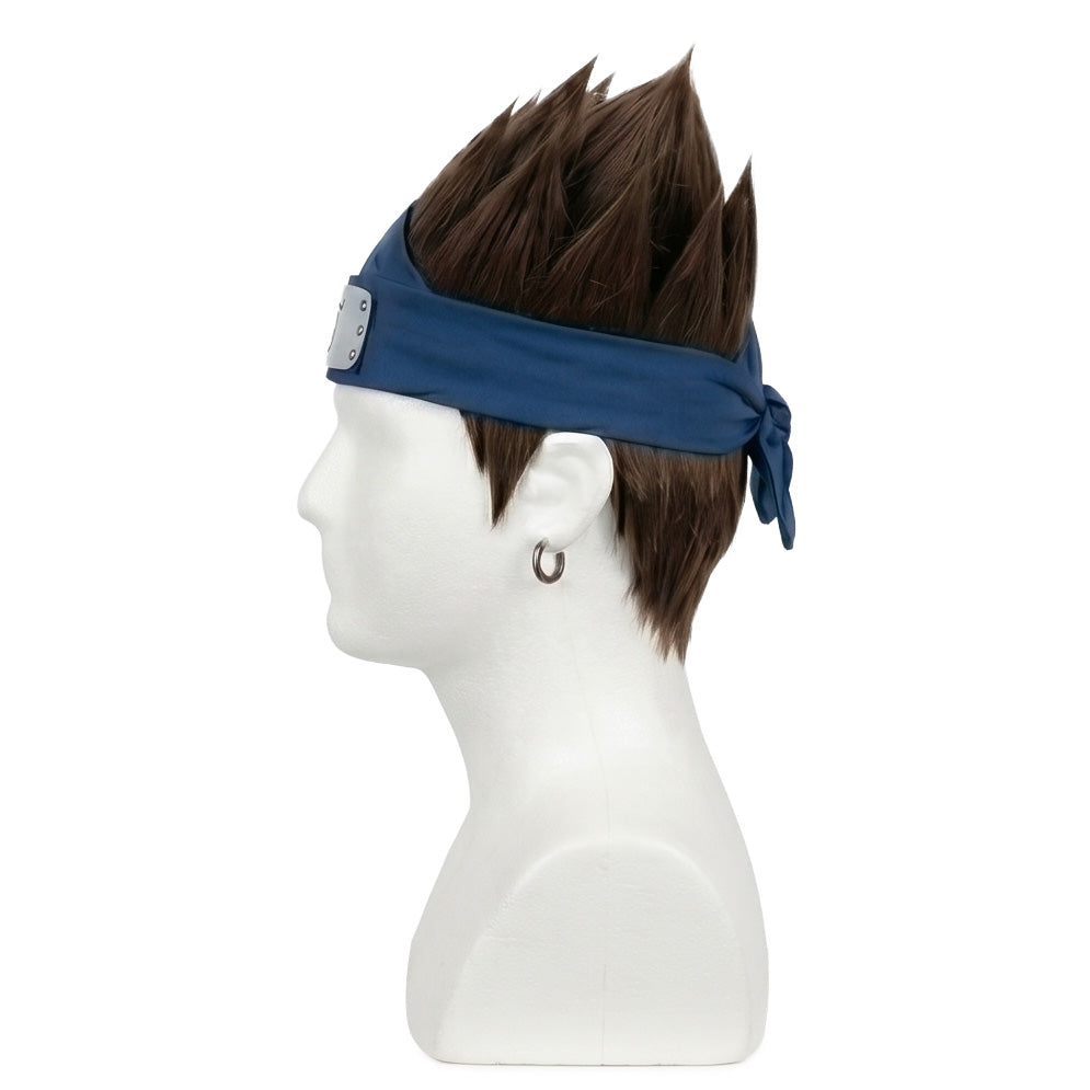Side view showing tufts of hair styled around the blue forehead protector