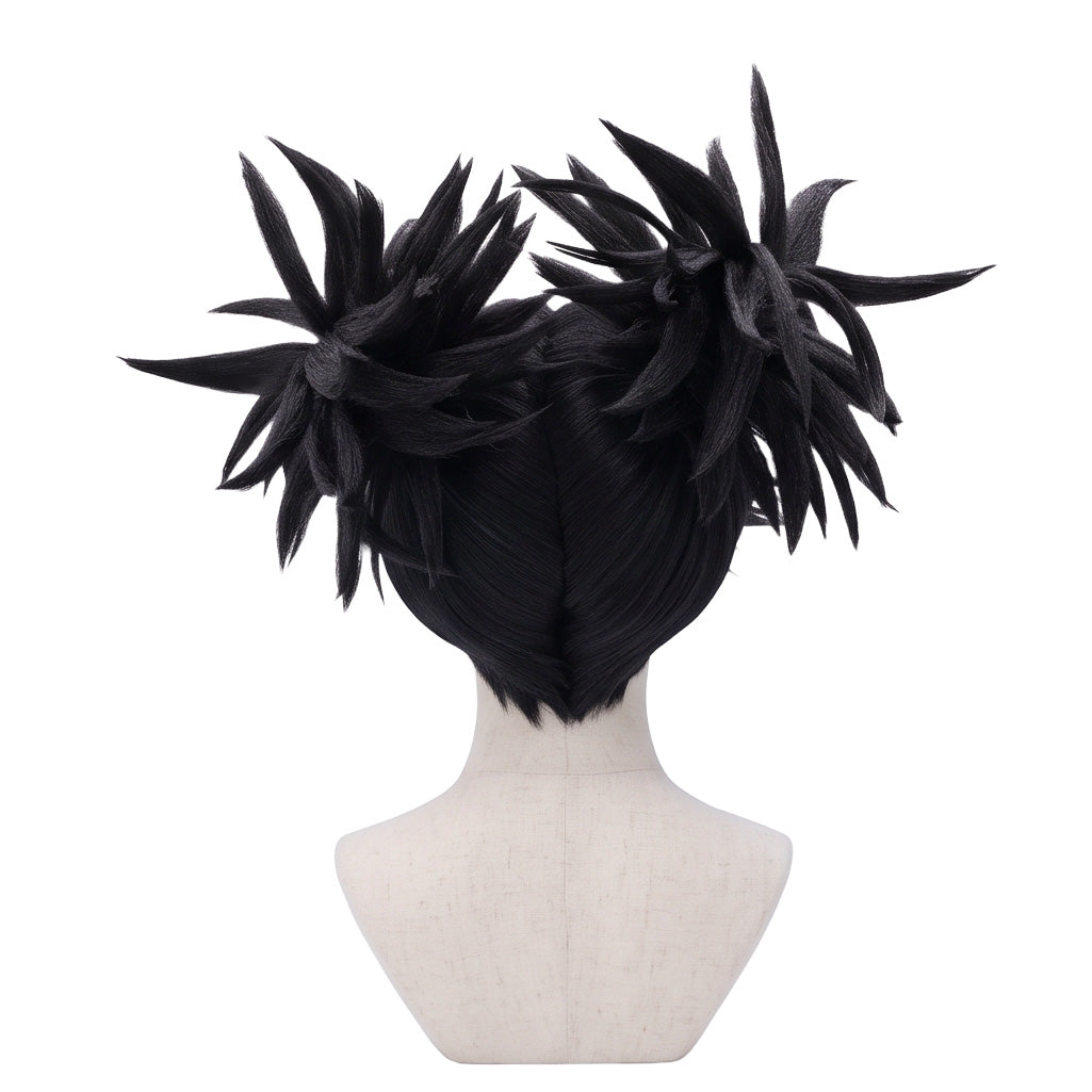 Back view of Choso cosplay wig showing long black hair, structured twin ponytails, layered synthetic fibers, and the bold anime-inspired silhouette