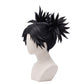 Left side view of Choso wig showing long black layered hair, upward-pointing twin ponytail styling, textured strands, and Jujutsu Kaisen cosplay details