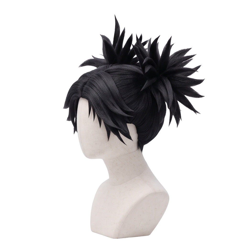 Left side view of Choso wig showing long black layered hair, upward-pointing twin ponytail styling, textured strands, and Jujutsu Kaisen cosplay details