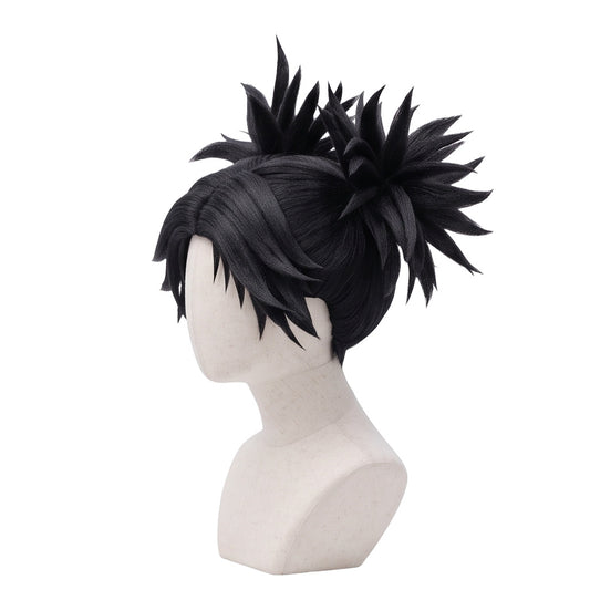 Left side view of Choso wig showing long black layered hair, upward-pointing twin ponytail styling, textured strands, and Jujutsu Kaisen cosplay details