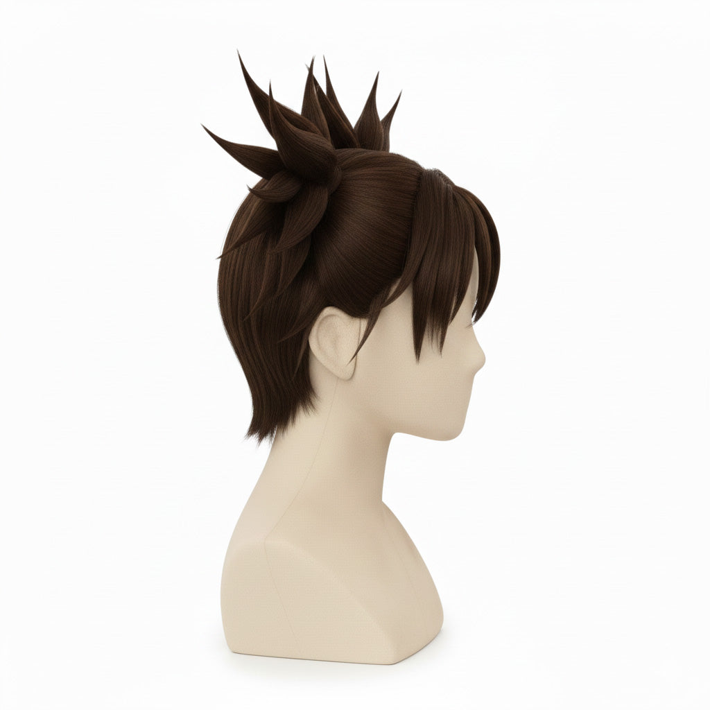Side profile of Jujutsu Kaisen Choso wig showing layered stringy texture and high ponytail angle