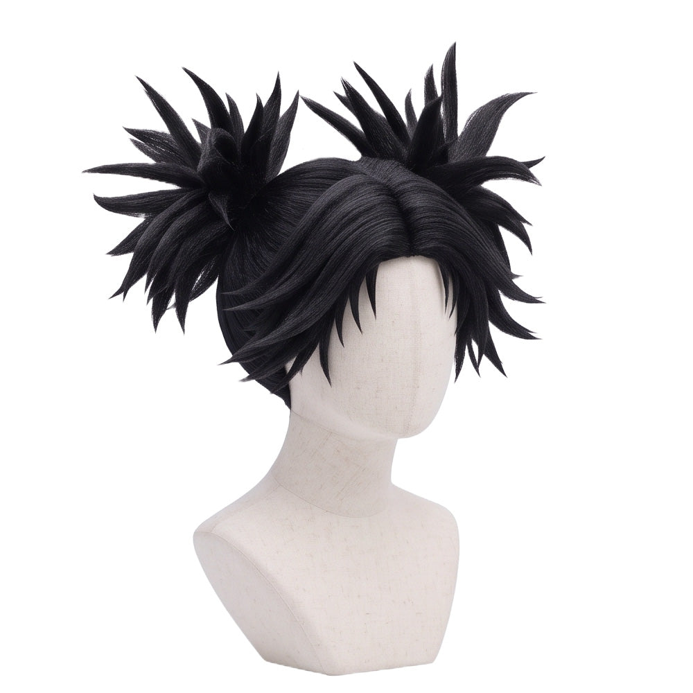 3/4 view of Choso cosplay wig displaying long black hair, dramatic double high ponytails, layered texture, and the distinctive Jujutsu Kaisen character hairstyle