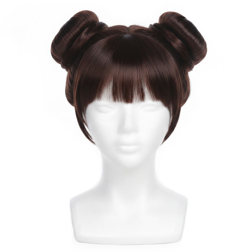 Front view of unstyled Chun-Li cosplay wig before trimming