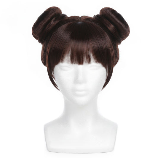 Front view of unstyled Chun-Li cosplay wig before trimming