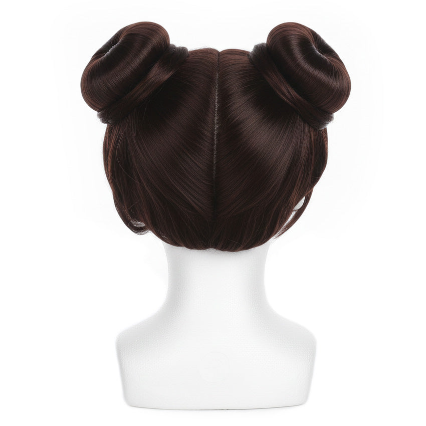 Back view of unstyled Chun-Li Street Fighter wig on mannequin