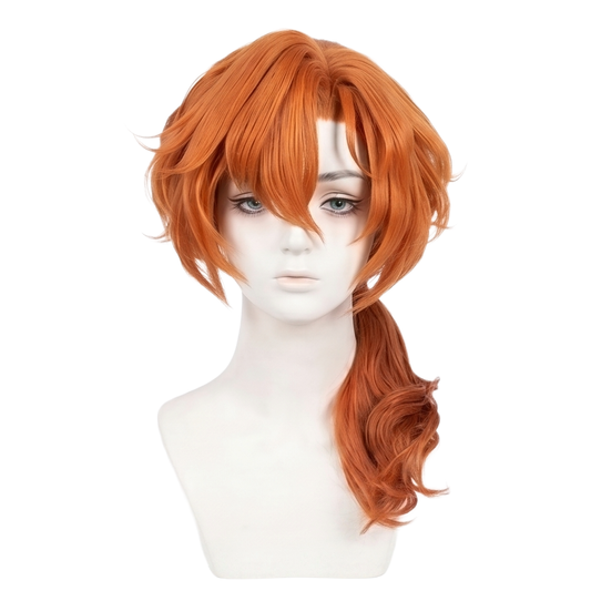 Front view of Chūya Nakahara cosplay wig with vibrant orange hair