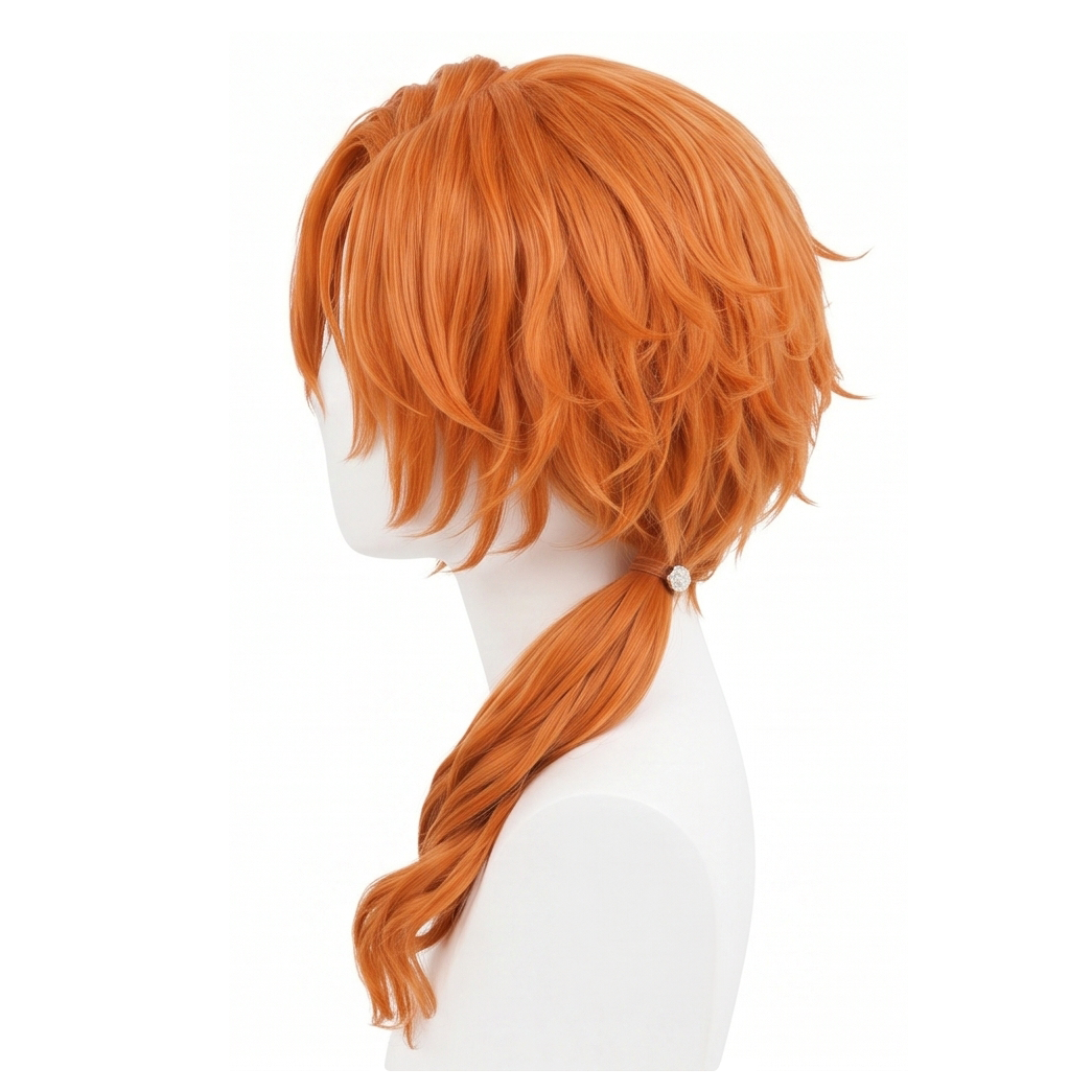 Side view of orange Chuya Nakahara cosplay wig with unstyled fibers