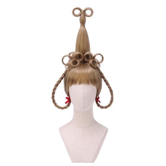 Cindy Lou Who blonde cosplay wig with elaborate looped updo braids and red ribbons from How the Grinch Stole Christmas.