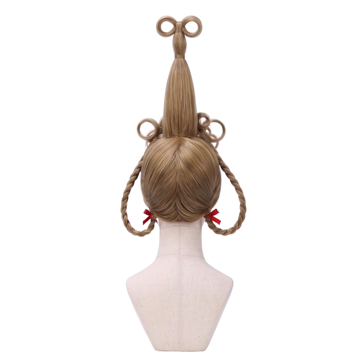 Back view of the Cindy Lou Who cosplay wig highlighting its elaborate blonde updo and red ribbon details