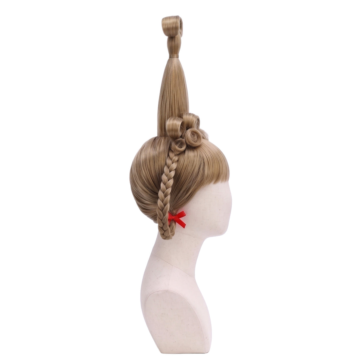 Right-side view of the Cindy Lou Who blonde cosplay wig with high looped braids and festive red ribbons.