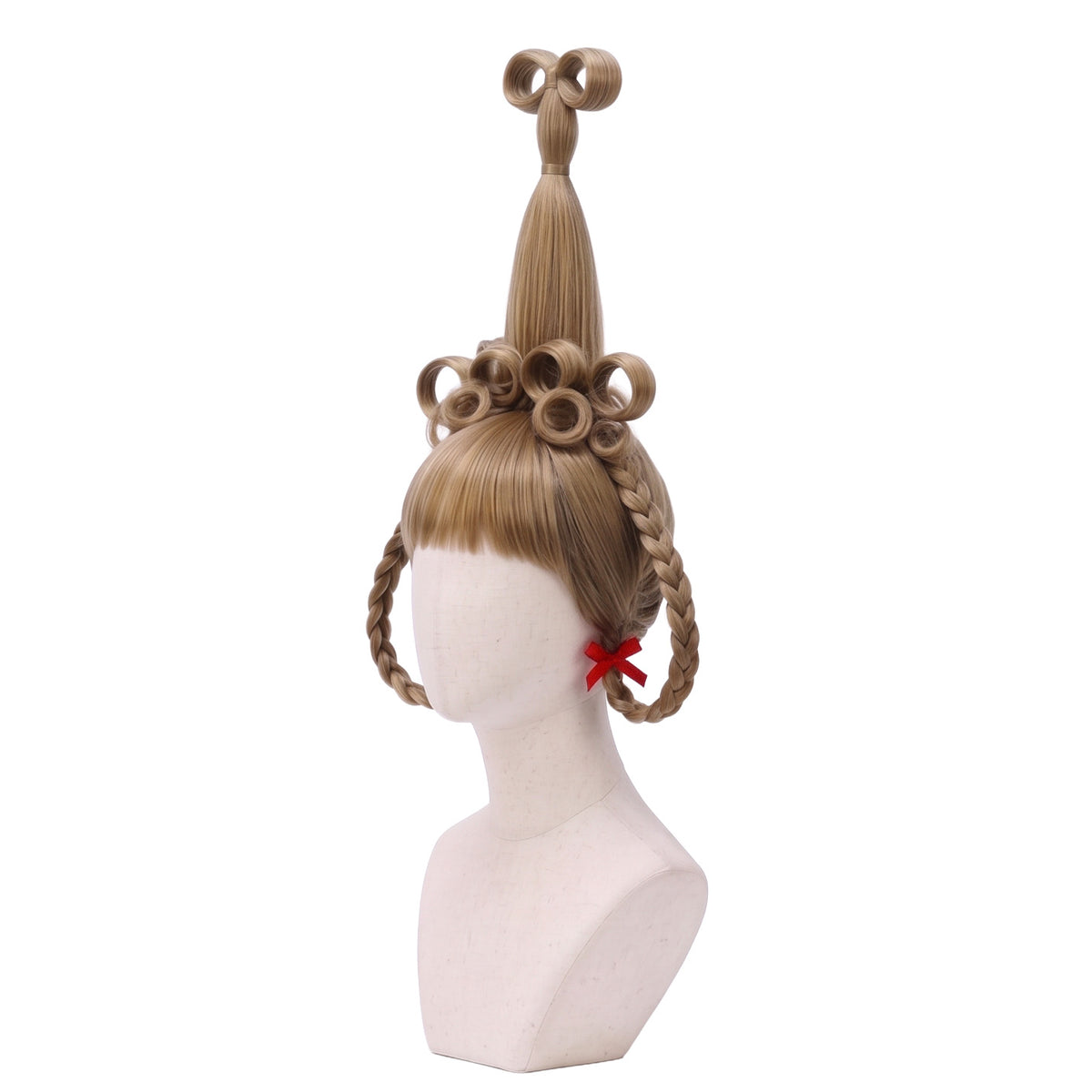 Three-quarter view of the Cindy Lou Who cosplay wig showcasing its intricate blonde loops, braided styling, and red ribbons