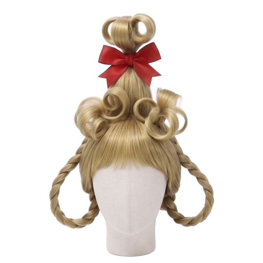 Cindy Lou Who cosplay wig inspired by How the Grinch Stole Christmas, featuring blonde hair for a looped updo
