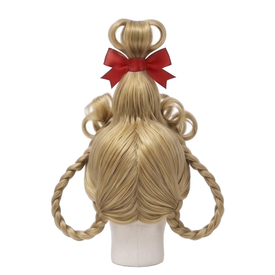 Back view of Cindy Lou Who cosplay wig showing the blonde hair used to create an elaborate holiday updo