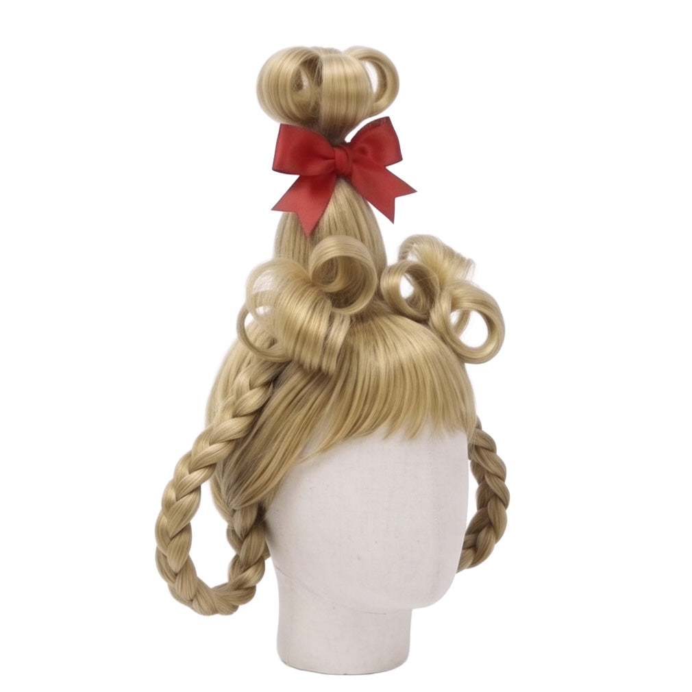 Three-quarter view of Cindy Lou Who cosplay wig showing blonde hair designed for high, looped braids and updos