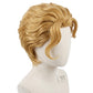 Close-up Yoshikage Kira blonde wig on a mannequin head against a white background showing smooth, premium texture