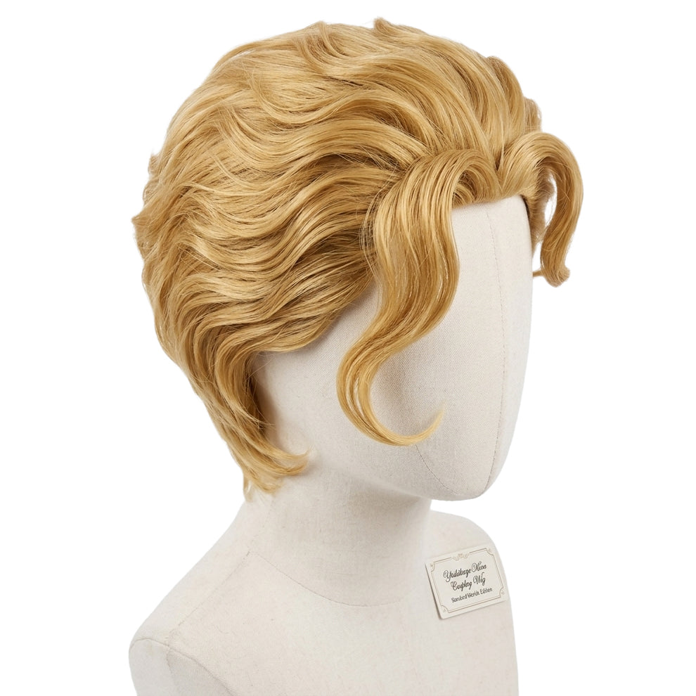 Close-up Yoshikage Kira blonde wig on a mannequin head against a white background showing smooth, premium texture
