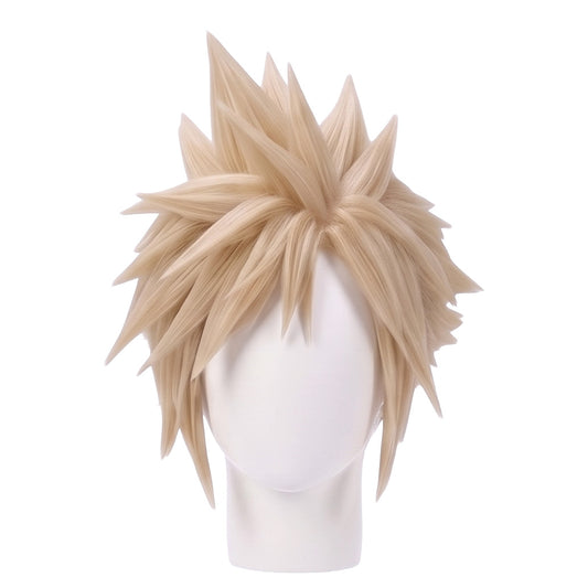 Cloud Strife cosplay wig from Final Fantasy VII featuring a handcrafted blonde spiky hairstyle with layered front sections and iconic anime-inspired character styling