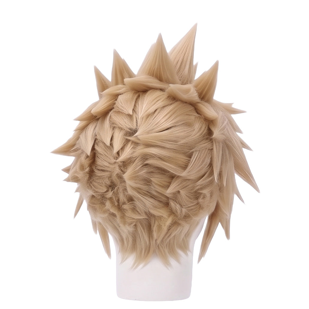 Back view of Cloud Strife cosplay wig featuring signature upward blonde spikes, layered feathered sections, and a structured anime hairstyle finish