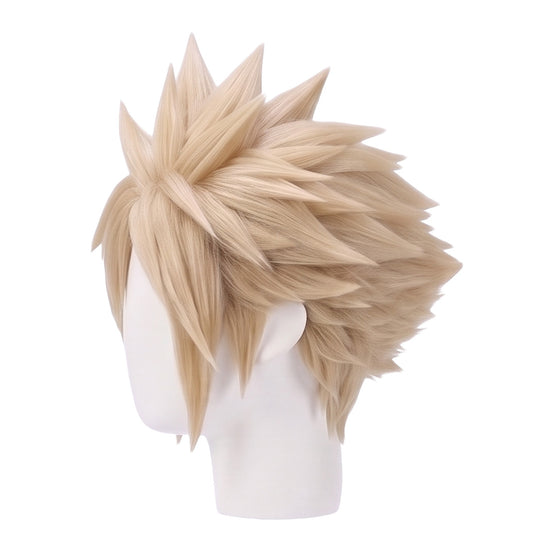 Side view of Cloud Strife wig showing sharp blonde spikes, textured layered hair, and professionally styled Final Fantasy cosplay wig details