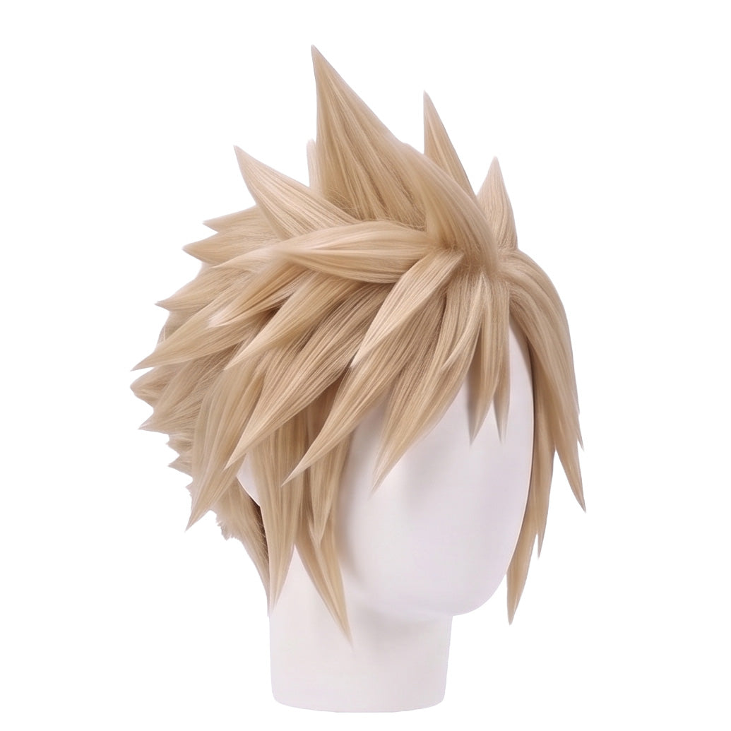 3/4 view of Final Fantasy VII Cloud Strife wig displaying dramatic blonde spikes, layered texture, and handcrafted cosplay hairstyle design