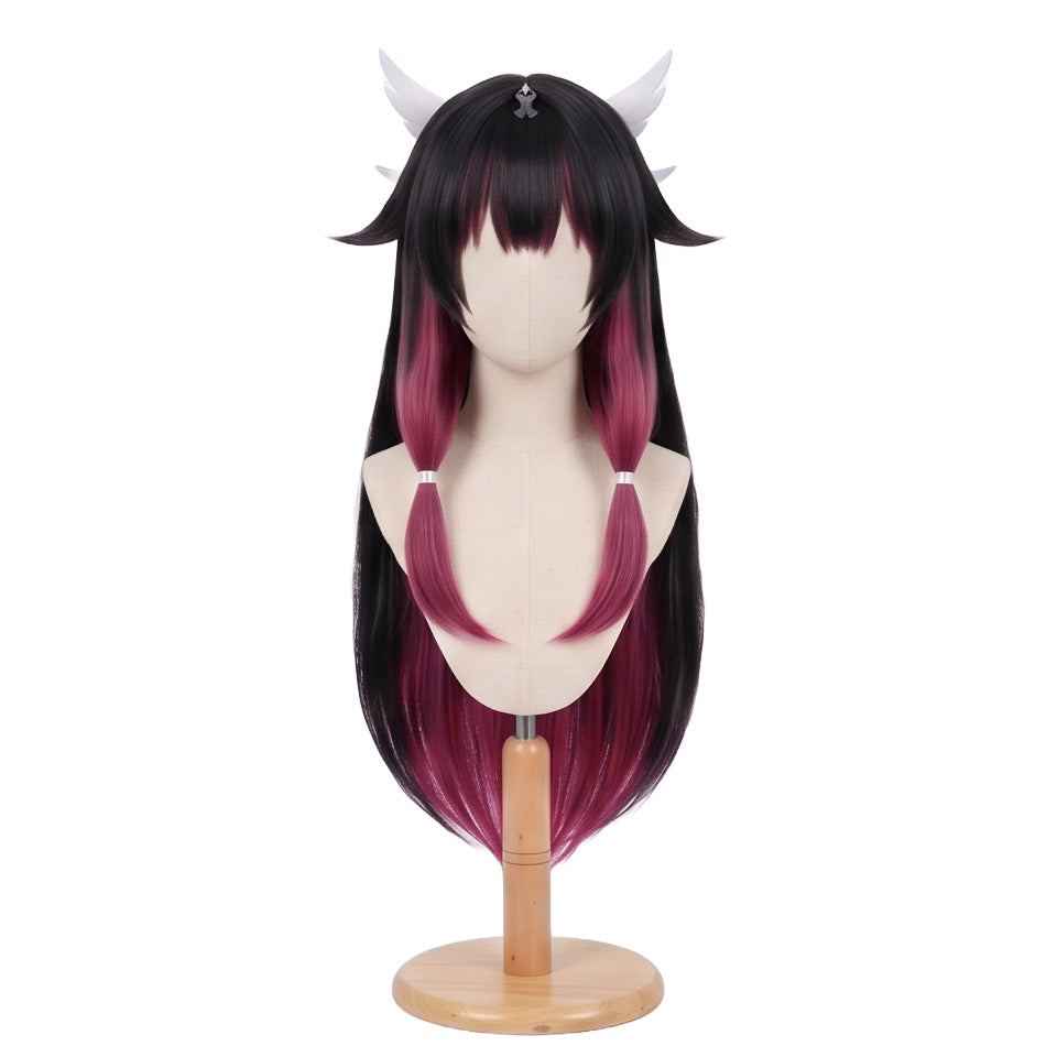 Black and magenta anime cosplay wig inspired by Columbina from Genshin Impact