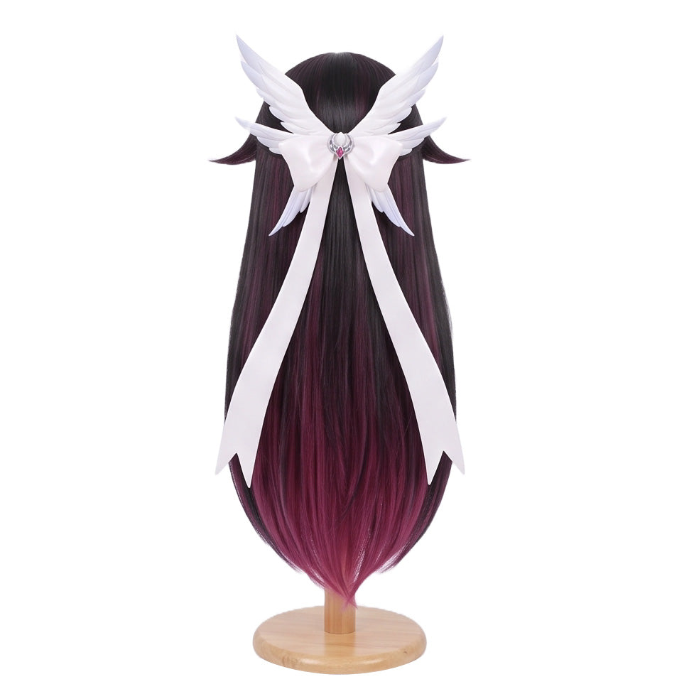 Back view of Columbina long black and magenta cosplay wig