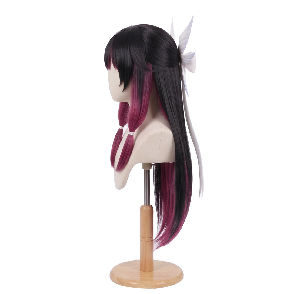 Left side view of Genshin Impact Columbina black and magenta cosplay wig