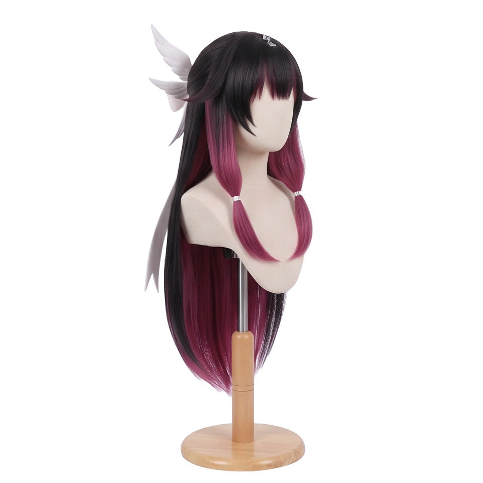 Three-quarter view of Columbina long black basic cosplay wig with magenta highlights