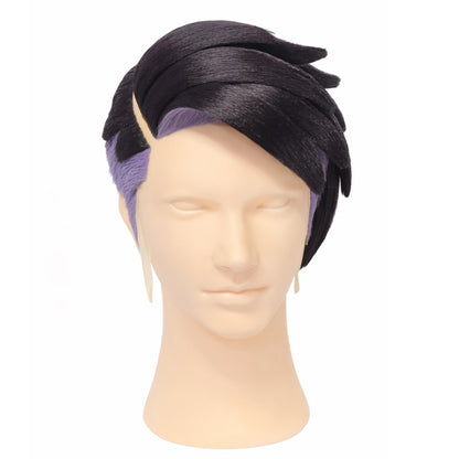 Front view of Corbeau cosplay wig with smooth layered black and purple fibers