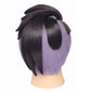 Back view of Corbeau wig showing  layered structure black and purple wig on a mannequin head against a white background