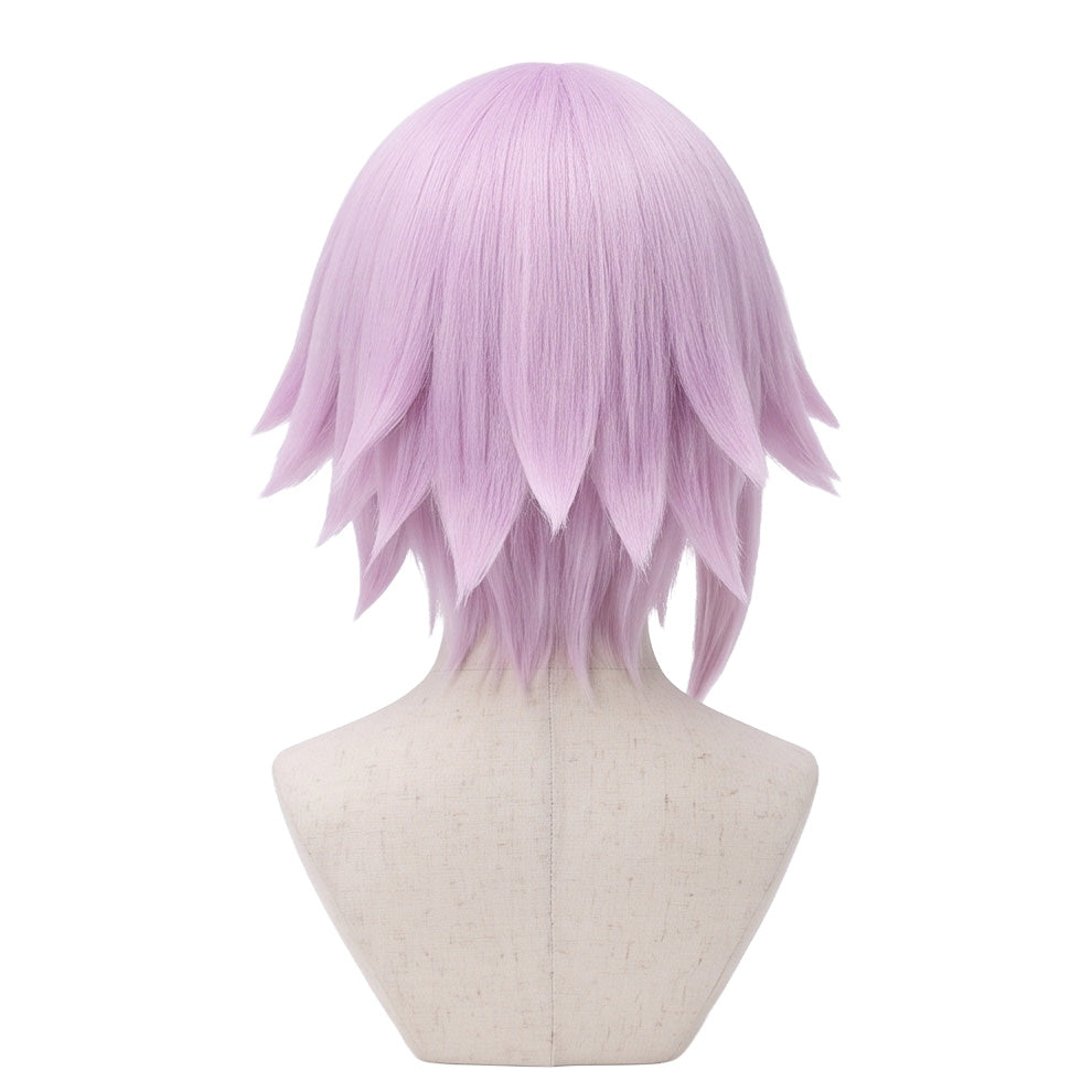 Back view of short pink Crona cosplay wig with unstyled fibers