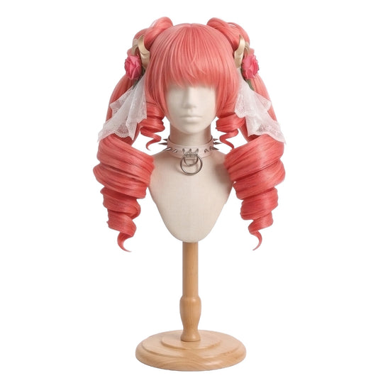 Front view of Crystal Rose Gwen cosplay wig with coral pink twin tails