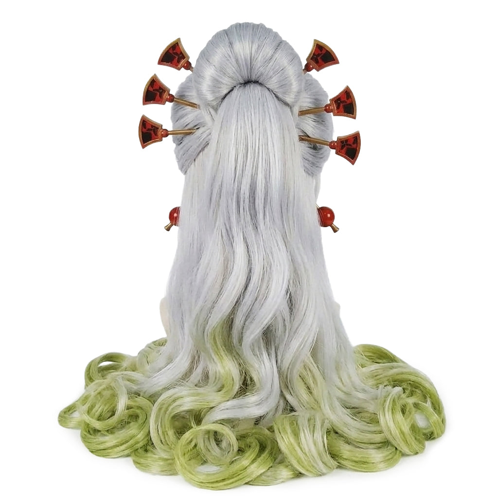 Back view of Daki cosplay wig showing smooth texture and long white and green wig with decorative hair clips on a white background