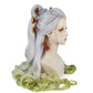 Daki cosplay  wig right side view, mannequin head with gray and green hair styled in braids with decorative clips on a white background