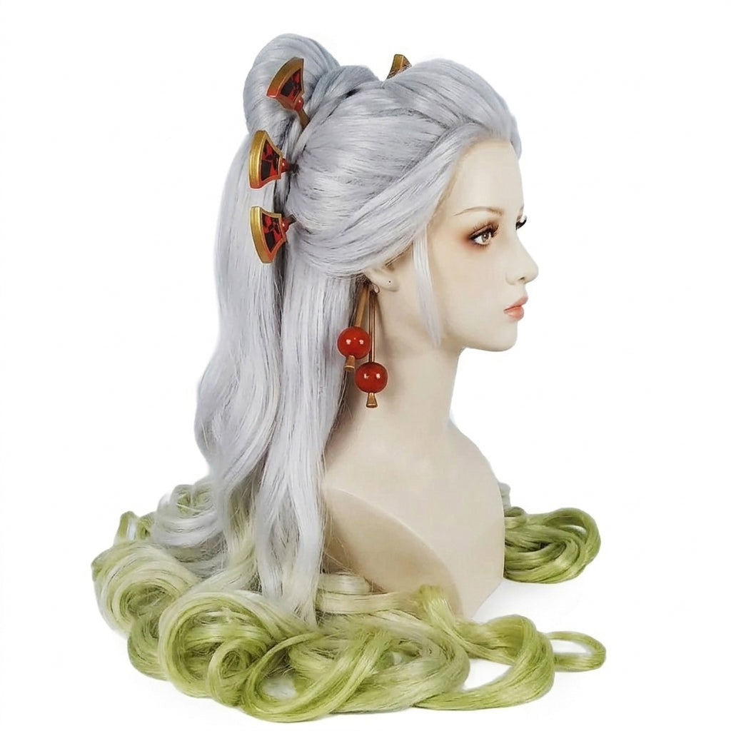 Daki cosplay  wig right side view, mannequin head with gray and green hair styled in braids with decorative clips on a white background