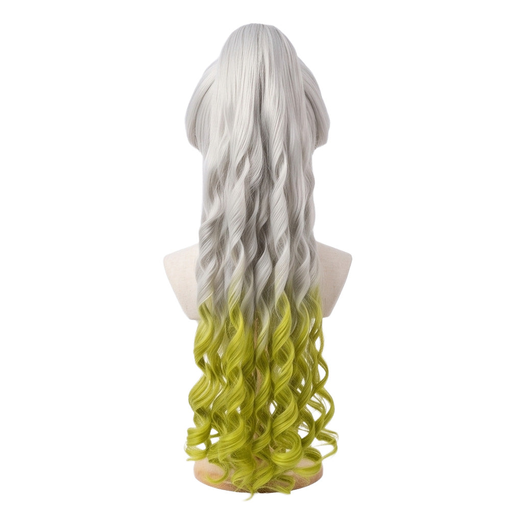 Back view of long silver white Daki cosplay wig with green tips and unstyled fibers