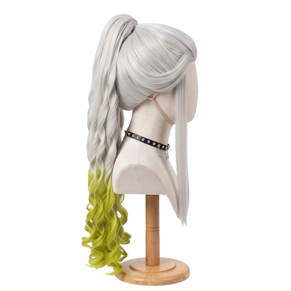 Side view of Kimetsu no Yaiba Daki silver white green basic cosplay wig