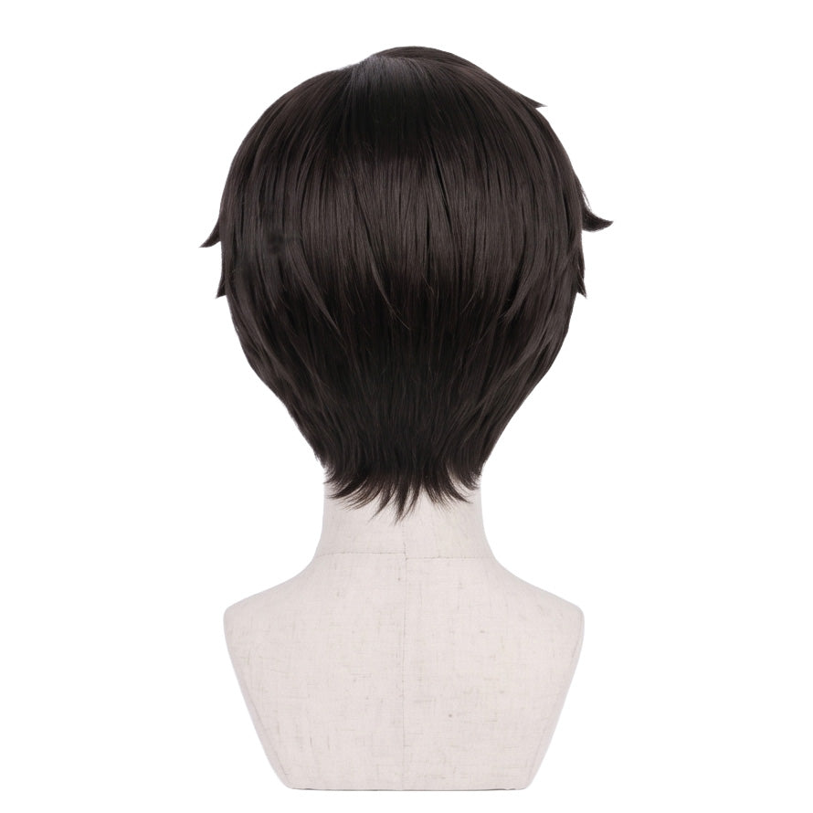 Back view of Damian Desmond cosplay wig with unstyled short fibers