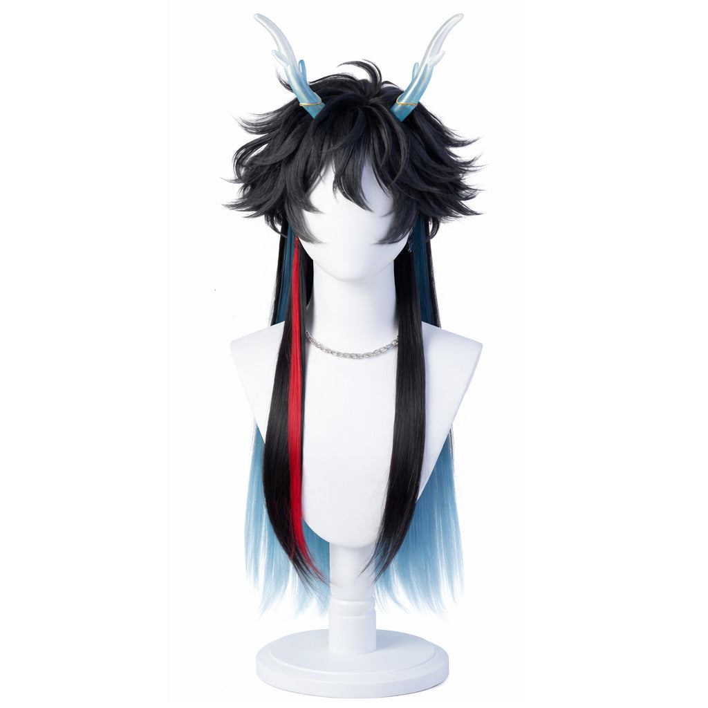 Front view of Dan Heng cosplay wig with silver-blue layered styling