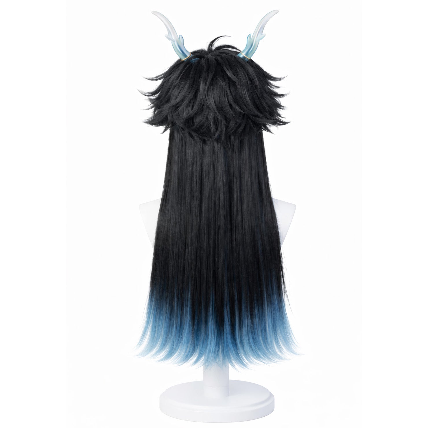 Back view of Dan Heng cosplay wig with flowing layered strands