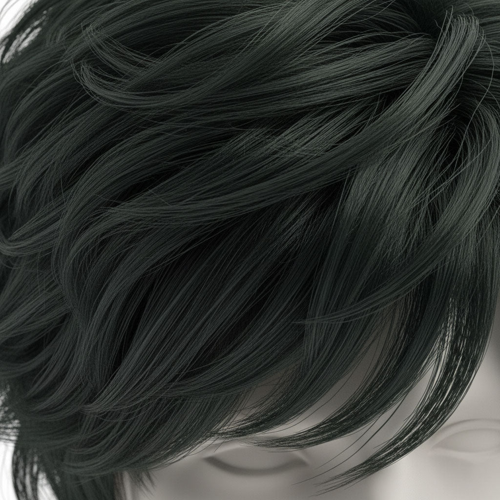 Close-up of Spike Spiegel wig showing layered curls and volume