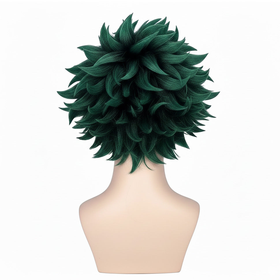 Back view of Deku wig featuring voluminous tousled curls and heat-resistant fibers