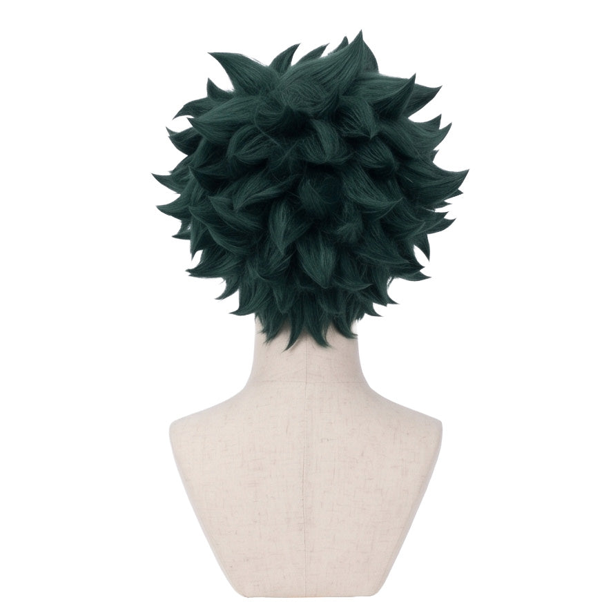Back view of Deku wig featuring voluminous tousled curls and heat-resistant fibers