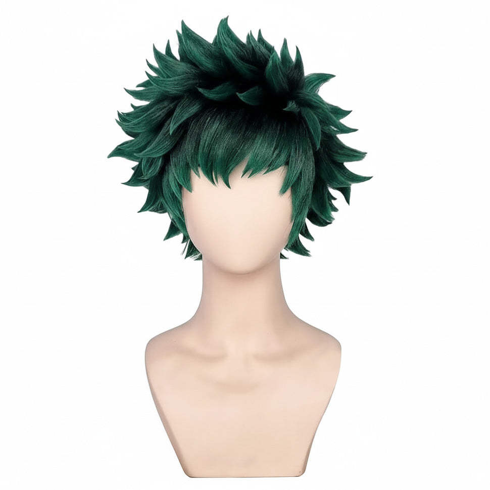 Deku cosplay wig styled with signature spiky green curls inspired by Izuku Midoriya from My Hero Academia