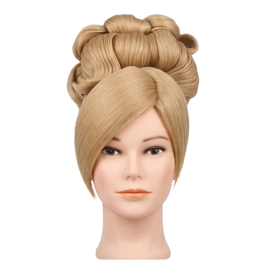 Front view of Delancy Devin cosplay wig with strawberry blonde hair