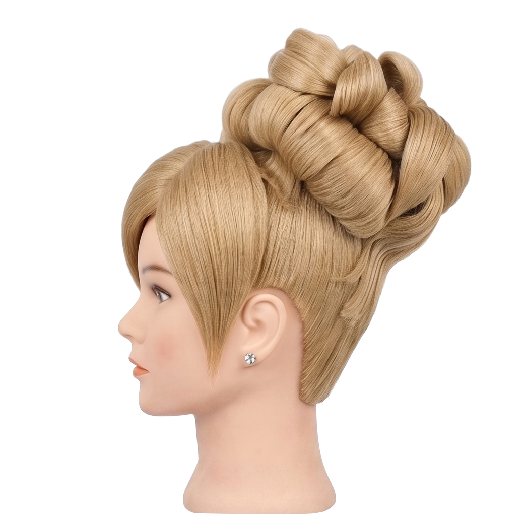 Side view of Delancy Devin wig showing high messy bun hairstyle