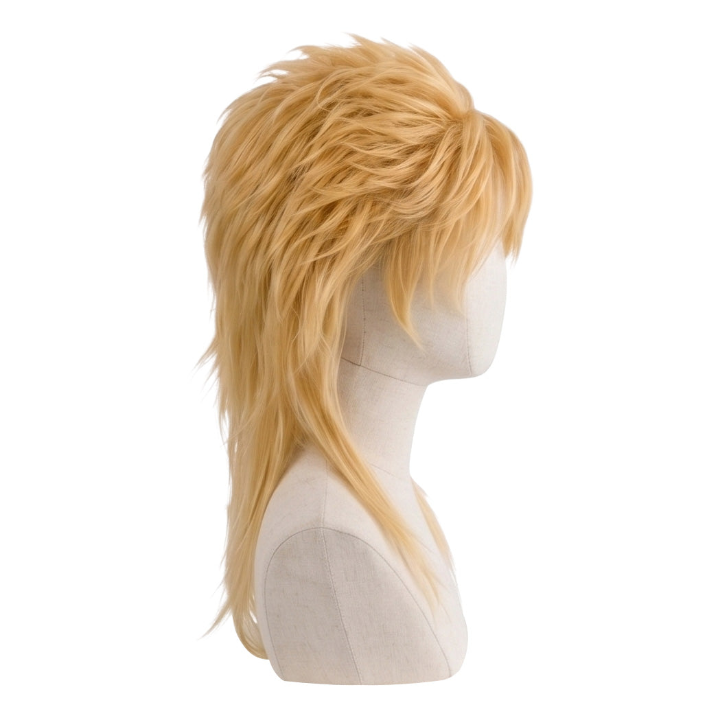 Right side view of Diego Brando cosplay wig with unstyled blonde fibers