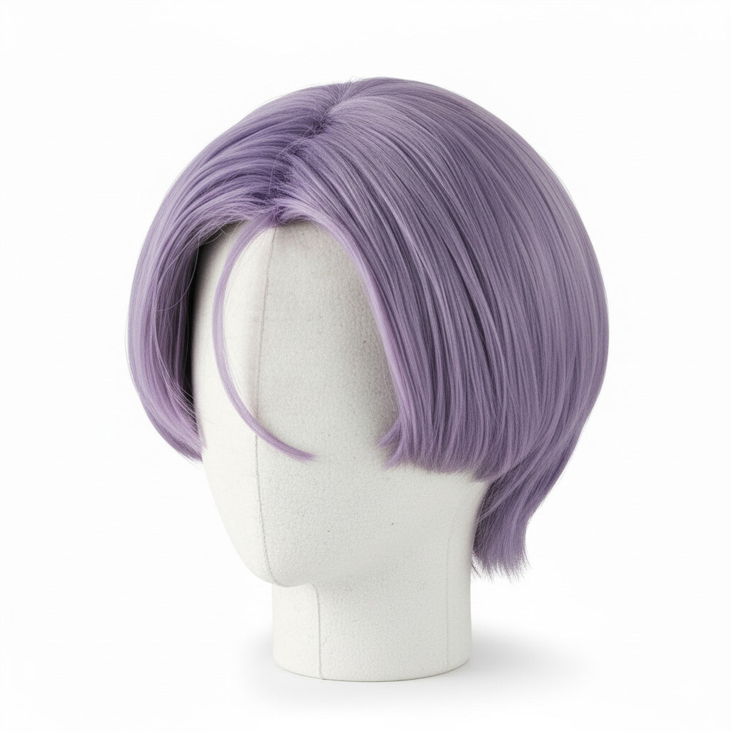 Close-up of Trunks wig showing layered straight-cut style and volume